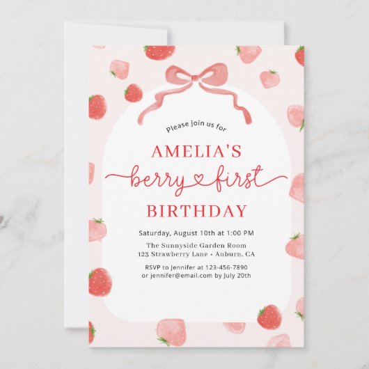 ベリー1st最初の誕生日フォトレッドボウガールズ 招待状 (正面)
