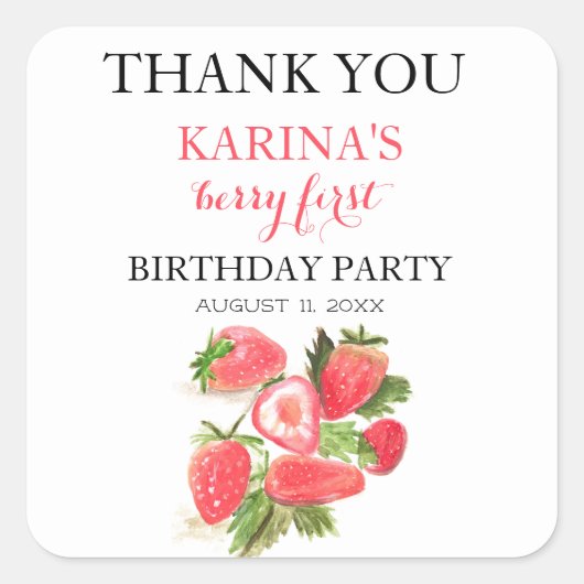 ベリー1st誕生日パーティーストロベリーフルーツ夏 スクエアシール (正面)