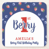 ベリー1st誕生日パーティーストロベリーブルーベリーブルー スクエアペーパーコースター (正面)