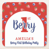 ベリー1st誕生日パーティーストロベリーブルーベリーレッド スクエアペーパーコースター (正面)
