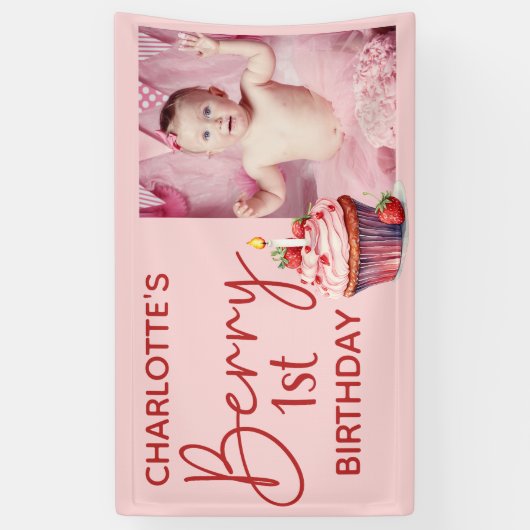 ベリー1st誕生日ピンク赤いちご名写真 横断幕 (縦)