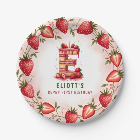 ベリー1st誕生日プレートレターEケーキデザイン ペーパープレート (正面)