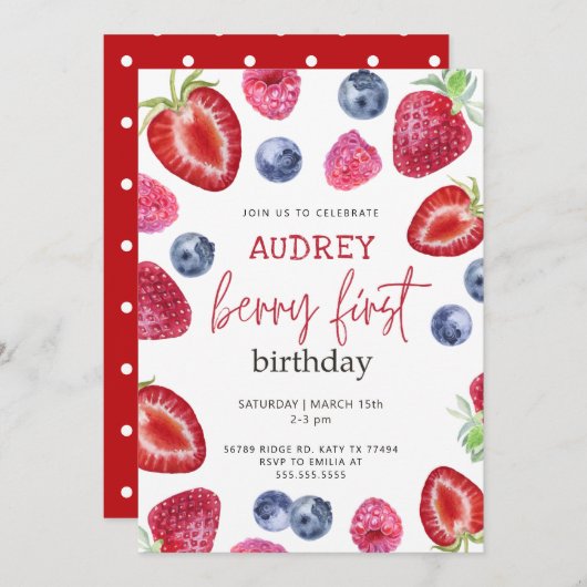 ベリー1st誕生日招待状ベリーファースト誕生日 招待状 (正面/裏面)
