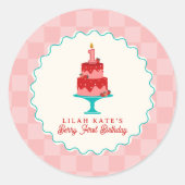 ベリー1th誕生日いちごケーキのチェッカーボード ラウンドシール (正面)