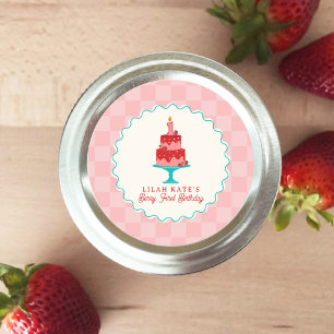 ベリー1th誕生日いちごケーキのチェッカーボード ラウンドシール