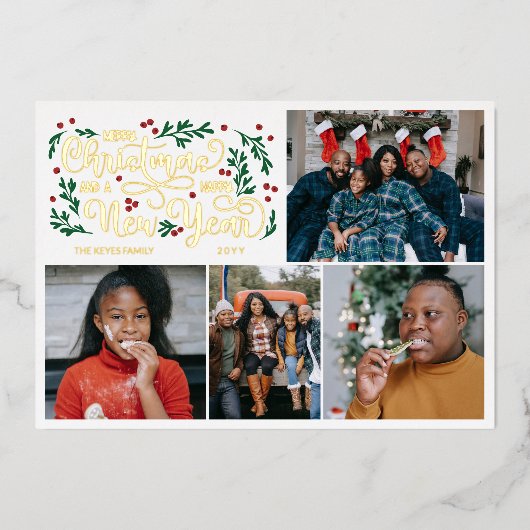 ベリー4枚の写真メリークリスマスハッピーニューイヤー 箔シーズンカード (正面)