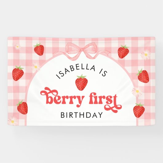 ベリー・ファースト・ストロベリー・ガール 1歳の誕生日パーティー 横断幕 (横)