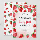 ベリー ファースト バースデー 招待状, ストロベリー 誕生日 招待状 (正面/裏面)