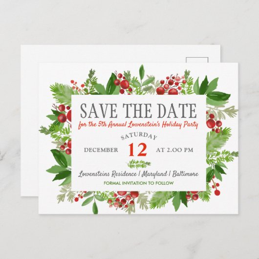 ベリー·ホリー·クリスマス·パーティーが日付を救う 案内ポストカード (正面/裏面)