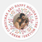 ベリー、リーフレッドハッピーホリデーズクリスマスフォト ラウンドシール (正面)