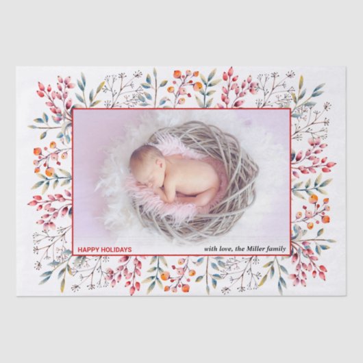 ベリー、リーフレッドハッピーホリデーズクリスマスフォト 薄葉紙 (正面)