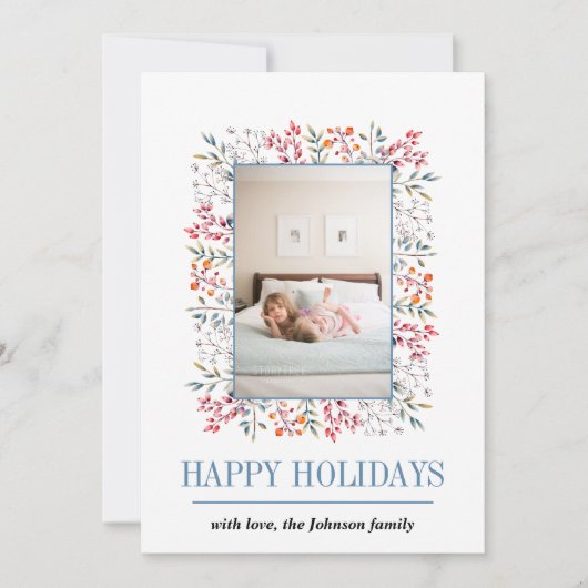 ベリー、リーフ縁どハッピーホリデーChristmas photo シーズンカード (正面)