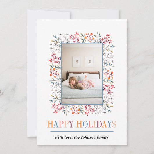 ベリー、リーフ縁どハッピーホリデーChristmas photo シーズンカード (正面)