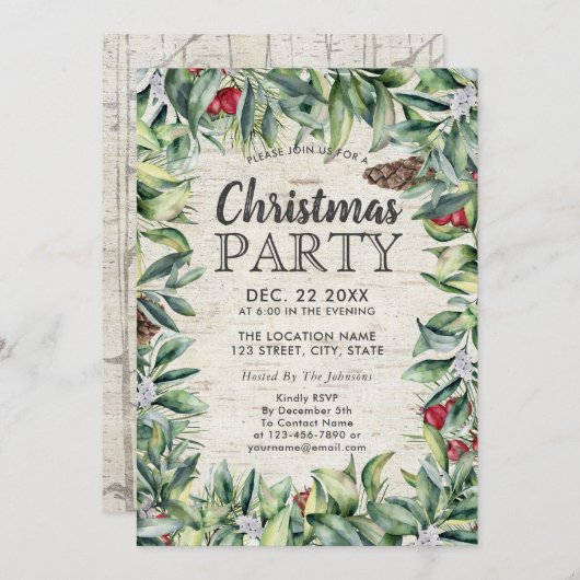 ベリ素朴ーウィンターグリーン樺の木クリスマスパーティー 招待状 (正面/裏面)