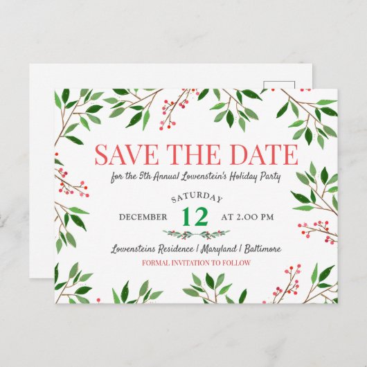 ベリ離れークリスマスホリデーパーティー日付を保存 案内ポストカード (正面/裏面)