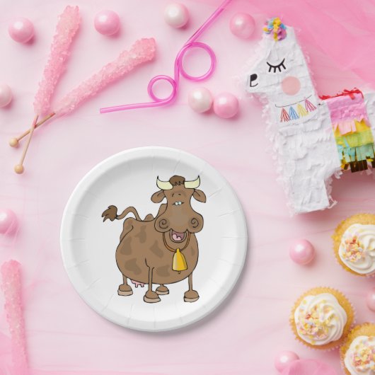 ベルおもしろいファーム動物と漫画の茶色の牛 ペーパープレート (パーティー)