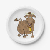 ベルおもしろいファーム動物と漫画の茶色の牛 ペーパープレート (正面)