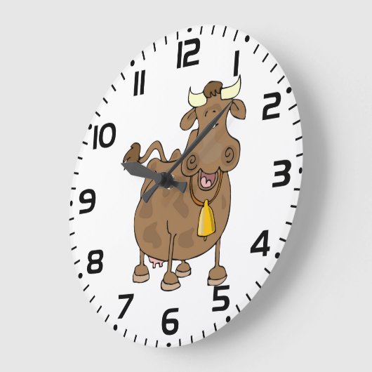 ベルおもしろいファーム動物と漫画の茶色の牛 ラージ壁時計 (傾斜)
