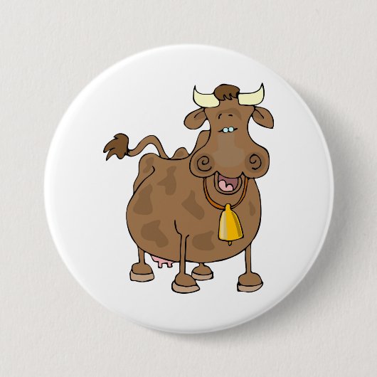 ベルおもしろいファーム動物と漫画の茶色の牛 缶バッジ (正面)
