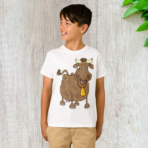 ベルおもしろいファーム動物と漫画の茶色の牛 Tシャツ