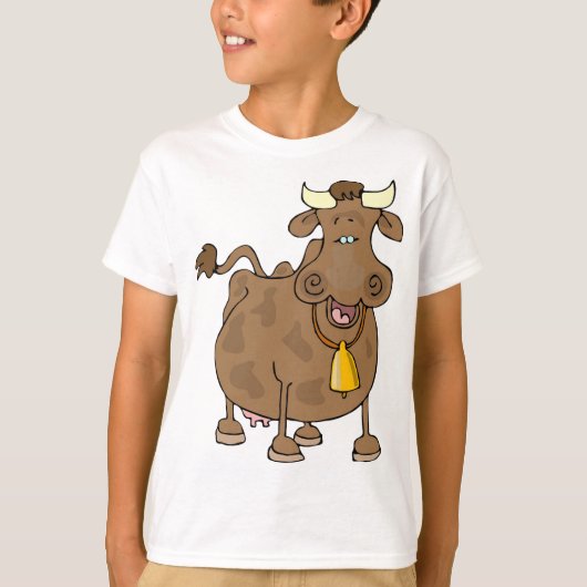 ベルおもしろいファーム動物と漫画の茶色の牛 Tシャツ (正面)