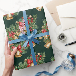 ベルとリボンのクリスマスリースの包装紙 ラッピングペーパー