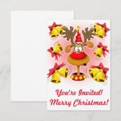 ベルアラーム付きの楽しいクリスマスカーキチュアのトナカイ 招待状 (正面/裏面)