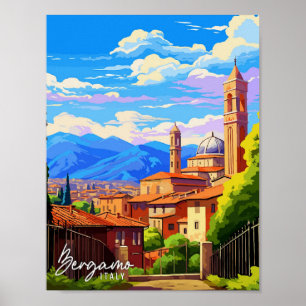 ベルガモイタリアアートヴィンテージ旅行イラストレーション ポスター