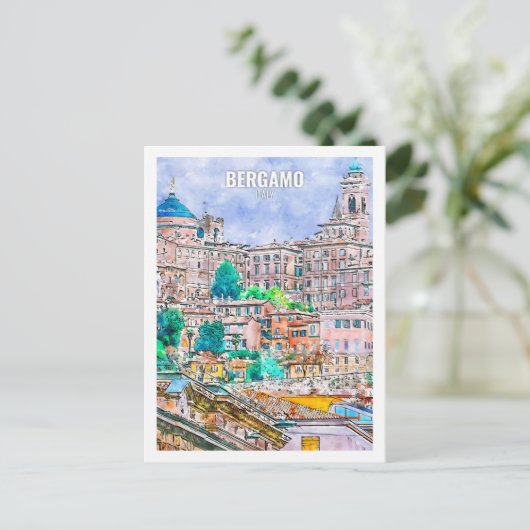 ベルガモイタリアトラベルプレイスウォーターカラー ポストカード (スタンド正面)