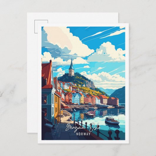 ベルガンオスロノルウェーアートヴィンテージ旅行イラストレーション ポストカード (正面/裏面)