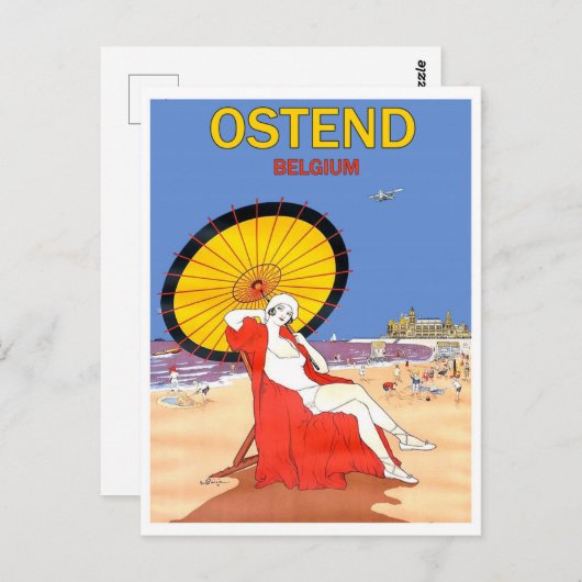 ベルギーのオステンド、日陰のあるビーチの女性 ポストカード (正面/裏面)