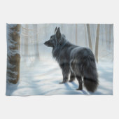 ベルギーのシェプドッグが雪のクリスマスを過ごした キッチンタオル (横)