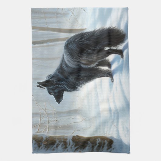 ベルギーのシェプドッグが雪のクリスマスを過ごした キッチンタオル (縦)