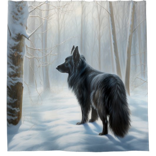 ベルギーのシェプドッグが雪のクリスマスを過ごした シャワーカーテン (正面)
