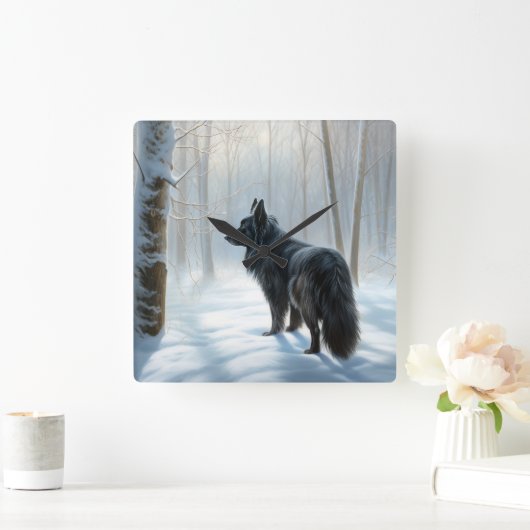 ベルギーのシェプドッグが雪のクリスマスを過ごした スクエア壁時計 (ホーム)