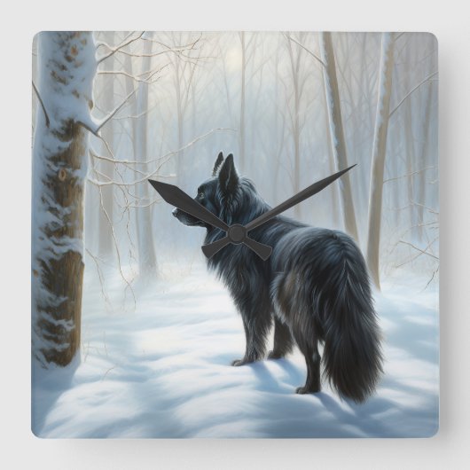 ベルギーのシェプドッグが雪のクリスマスを過ごした スクエア壁時計 (正面)
