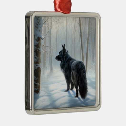 ベルギーのシェプドッグが雪のクリスマスを過ごした メタルオーナメント (右)