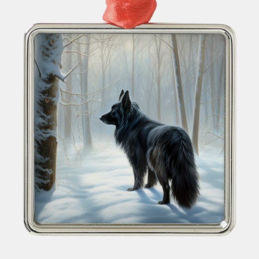 ベルギーのシェプドッグが雪のクリスマスを過ごした メタルオーナメント (正面)