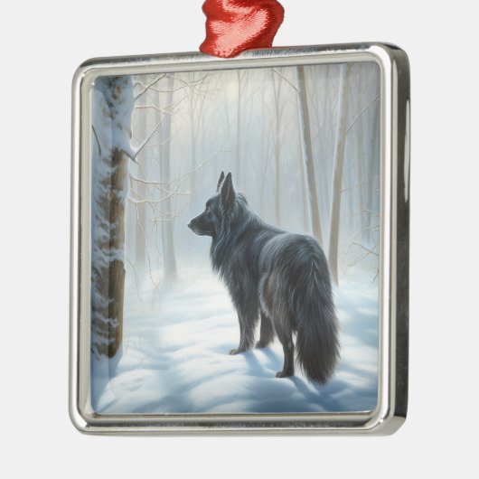 ベルギーのシェプドッグが雪のクリスマスを過ごした メタルオーナメント (左)