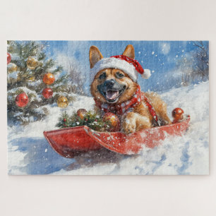 ベルギーのマリノイがスレッジに乗って雪を楽しむクリスマス ジグソーパズル