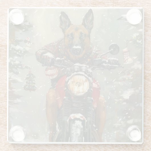 ベルギーのマリノイ犬オートバイのクリスマスに乗る ガラスコースター (裏面)