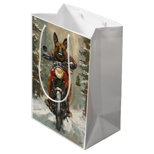 ベルギーのマリノイ犬オートバイのクリスマスに乗る ミディアムペーパーバッグ (裏面アングル)