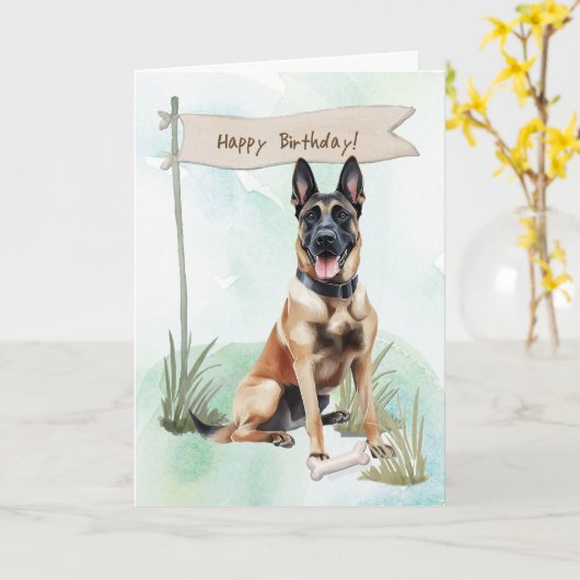 ベルギーのマリノイ種の犬が誕生日標識 カード (黄色い花)