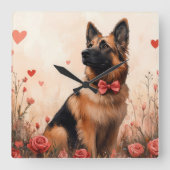 ベルギーの牧羊犬とバラ - バレンタインデー スクエア壁時計 (正面)