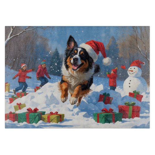 ベルギーの牧羊犬 クリスマスの雪の風景 カッティングボード (正面)
