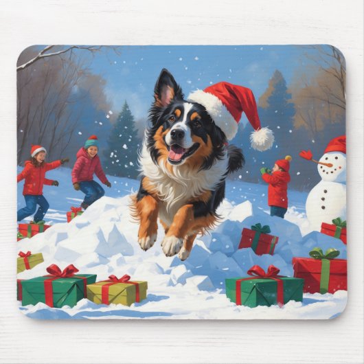ベルギーの牧羊犬 クリスマスの雪の風景 マウスパッド (正面)