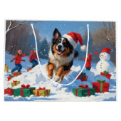 ベルギーの牧羊犬 クリスマスの雪の風景 ラージペーパーバッグ (裏面)