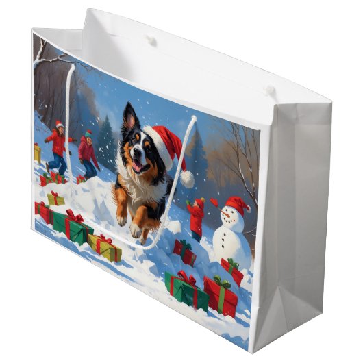 ベルギーの牧羊犬 クリスマスの雪の風景 ラージペーパーバッグ (正面アングル)