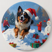 ベルギーの牧羊犬 クリスマスの雪の風景 缶バッジ (正面)