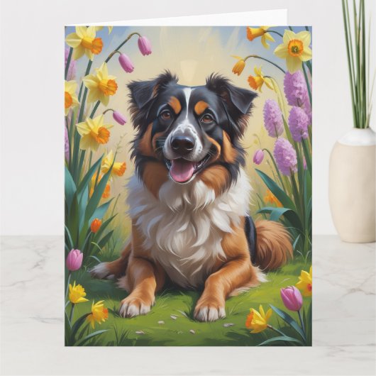 ベルギーの牧羊犬 春の花の絵 カード (正面)